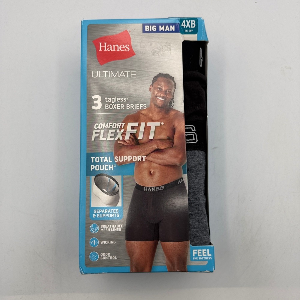 Hanes Boxer Briefs Mens 4XB Black Total Support Pouch 3pk UFSBG3